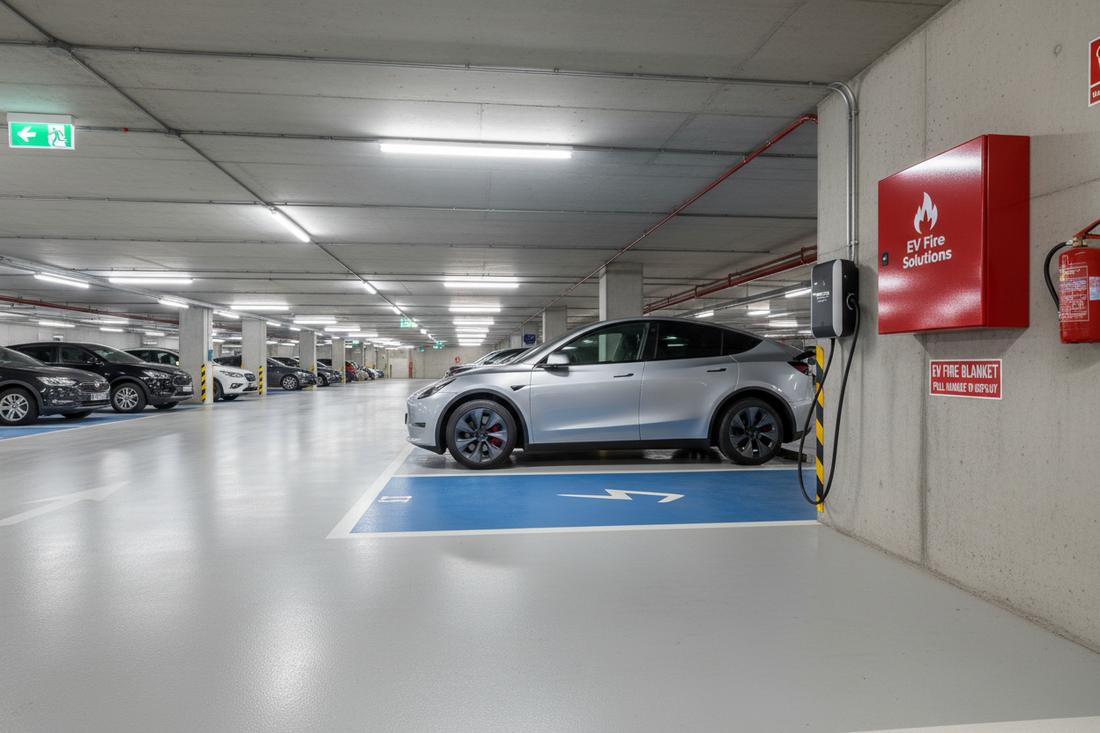 Apartment building car park with EV charging station and EV fire blanket from EV Fire Solutions