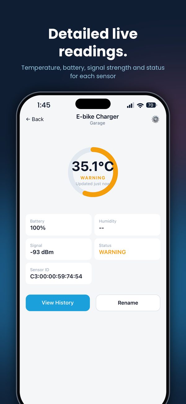 Sensor detail screen with temperature, battery, signal and status